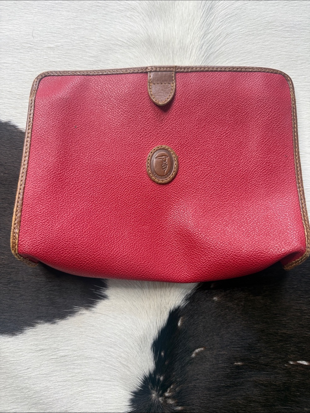 Trussardi Vintage Red Pebbled Leather Cosmetic Pouch with Brown Trim